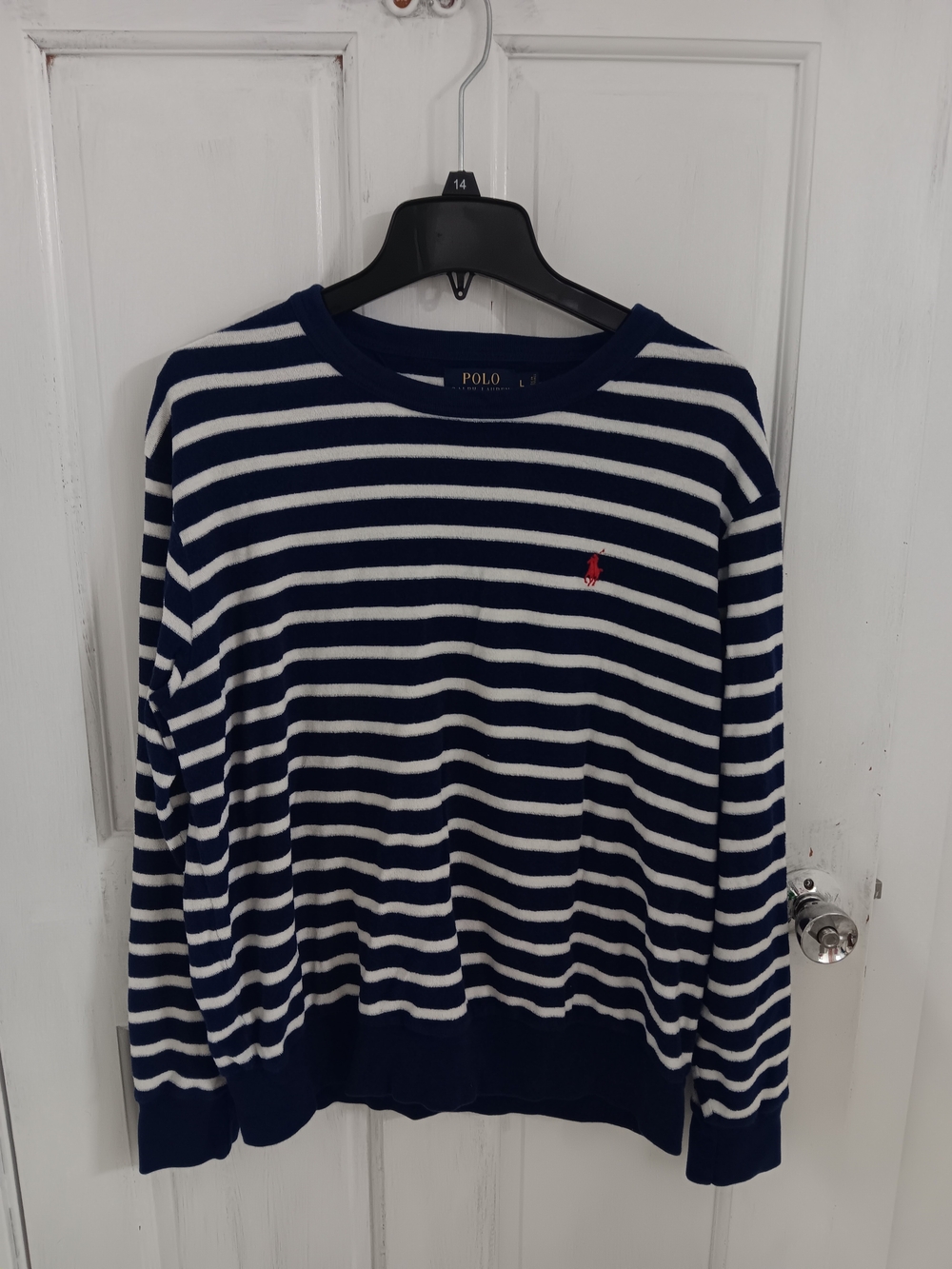 Polo by Ralph Lauren Navy & White Striped Crewneck Sweater with Red Pony Logo